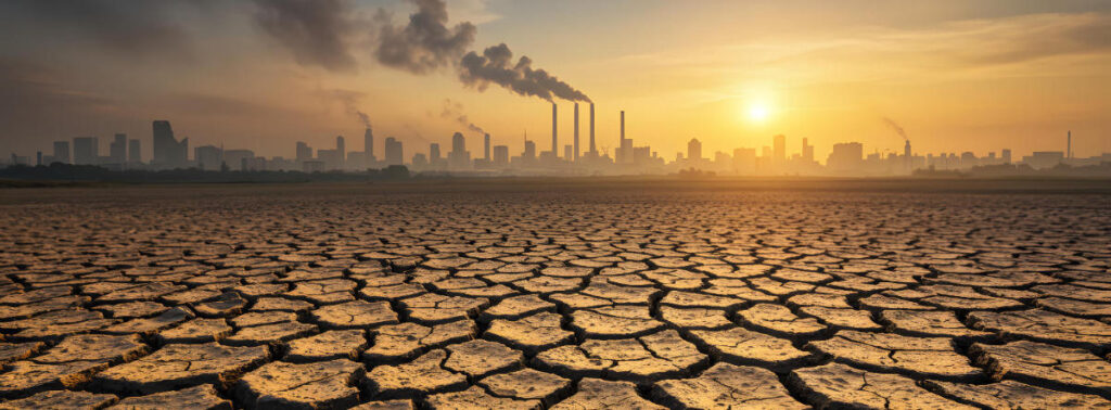 Symbolische Darstellung von Klimarisiken durch Dürre und industrielle Umweltbelastung